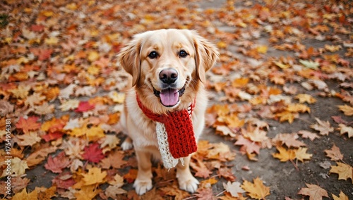 Golden retriever in red‑cream scarf sits amid crisp maple leaves, tongue out. Portrait of obedient dog. Mood cozy, upbeat. Concept autumn joy, pet‑friendly lifestyle, seasonal outdoor walk