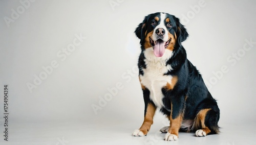 Bernese Mountain Dog in studio sits calmly, paws forward and tongue out, looking toward camera. Soft light on blank background evokes trust and family warmth—perfect for vet ads, pet care, branding