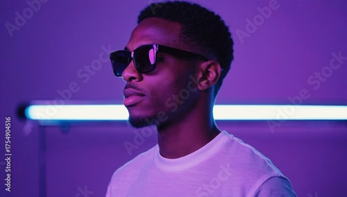 Futuristic nightlife. Urban fashion, music culture, cyberpunk minimalism. Creative portrait with bold magenta lighting. Composed figure in shades faces right, backlit by neon tube. Club energy