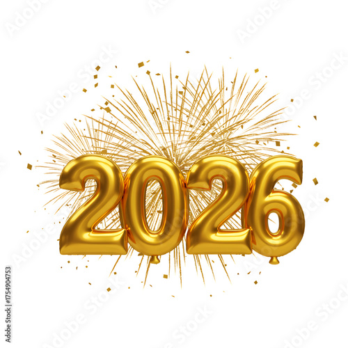 2026 golden three dimensional numbers with fireworks burst explosion sparkle new year celebration design