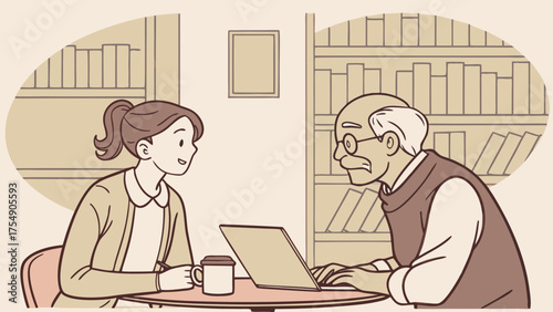 Generational Discussion in Café – Young and Old Sharing Ideas Over Coffee Vector Illustration