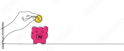 Hand holding dollar golden coin putting in pink piggy bank for saving money symbol sign, One continuous line drawing for Poster, banner, background with lettering, Doodle outline, Minimal line art sym