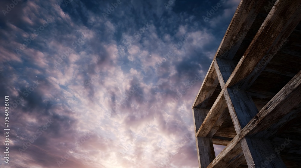 Obraz premium A concrete framework of an unfinished building against a dramatic twilight sky showcasing raw textures and atmospheric light
