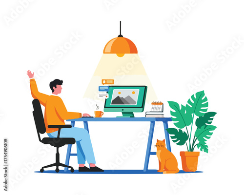 Successful Freelancer Finishing Project and Celebrating in Home Office with Pet Cat