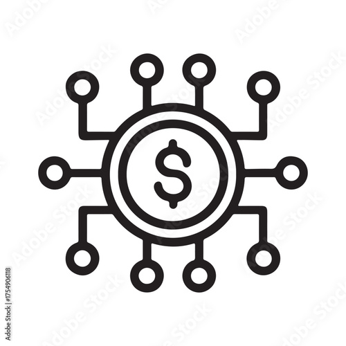 A minimalist line drawing of a circuit board with a dollar sign at its center, isolated on white background, representing financial technology, digital currency, and electronic transactions
