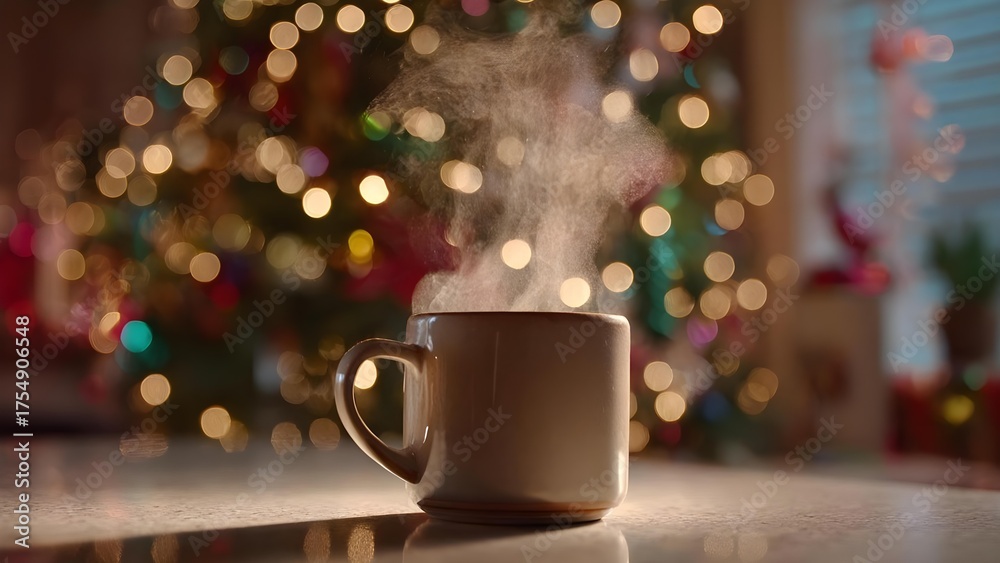 Obraz premium A steaming mug on a table with festive, blurred Christmas lights in the background. Concept Cozy winter scene, Steam rising from mug, Warm table lighting, Festive Christmas lights bokeh