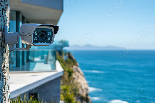 Luxury home with smart camera overlooking the ocean.
