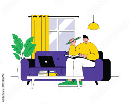 Young Male Student or Entrepreneur Working and Learning from the Comfort of Home