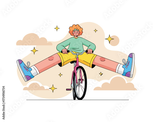 Funny and Energetic Bike Ride. Cartoon Illustration of a Cyclist with Legs Spread Wide