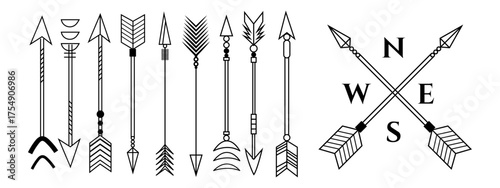 Decorative Line Art Arrows  Directional Compass Graphic Set
