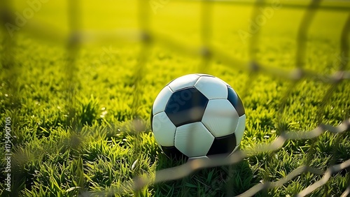 Soccer ball nestled in the net against a lush green field, capturing a moment of victory.