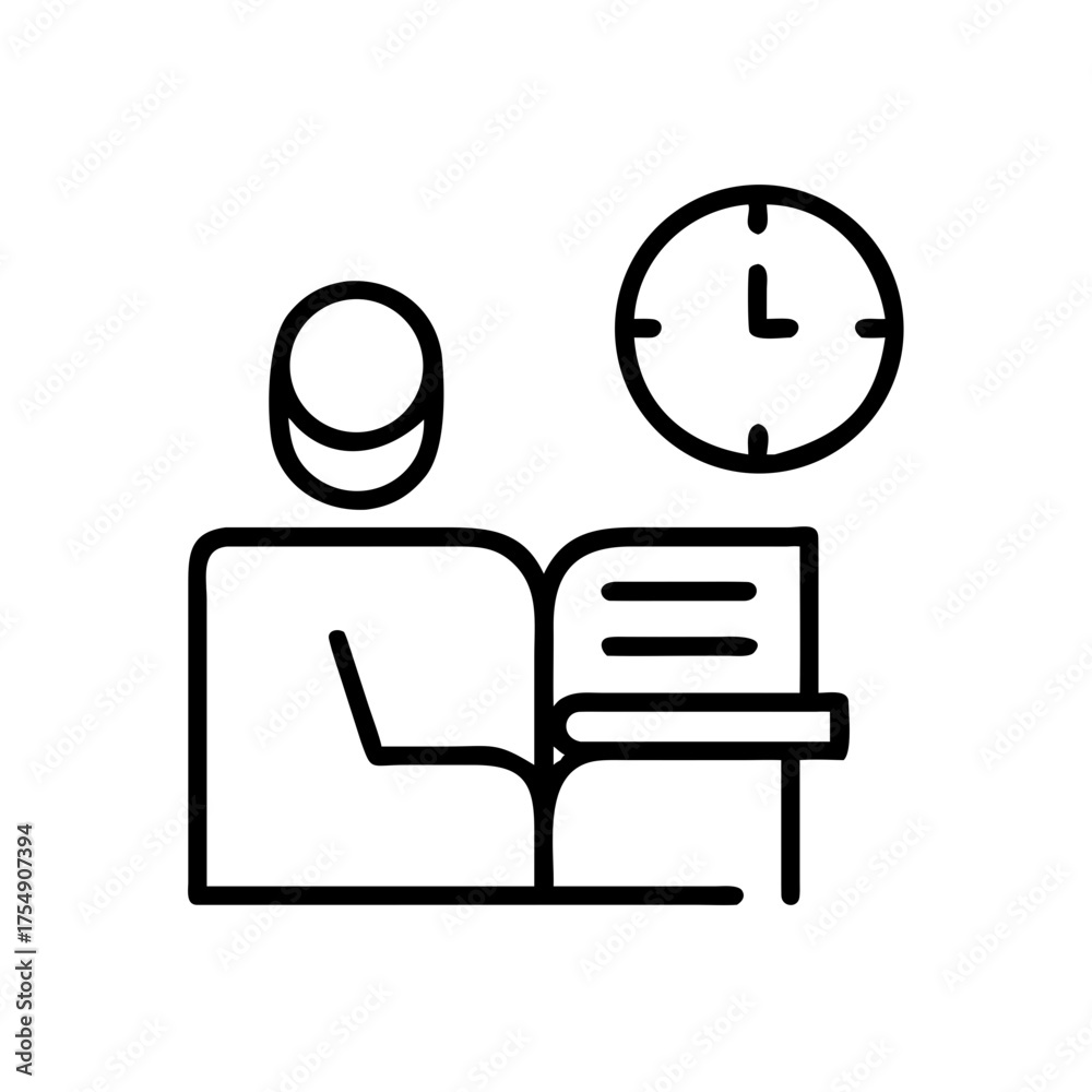 Fototapeta premium Person reading a book with clock illustration for student performance 