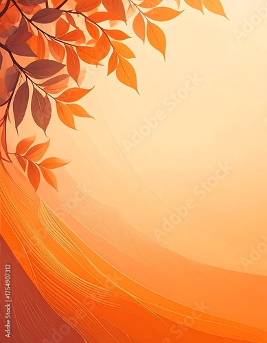 Vibrant autumn leaves grace the top of a warm, gradient background, flowing into elegant, abstract orange lines at the bottom, creating a serene and seasonal design