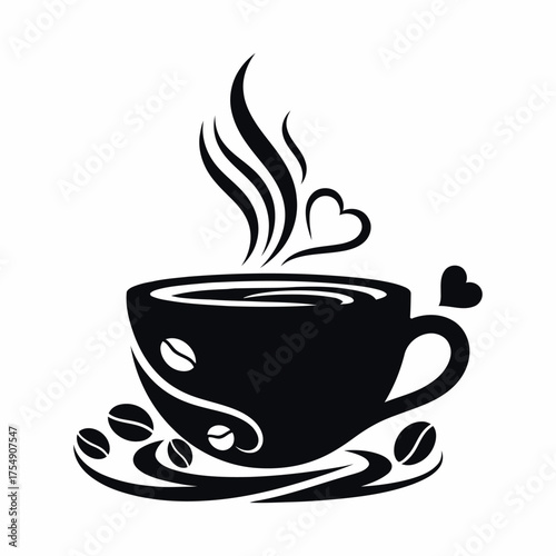 A steaming cup of coffee with beans a lovely black silhouette