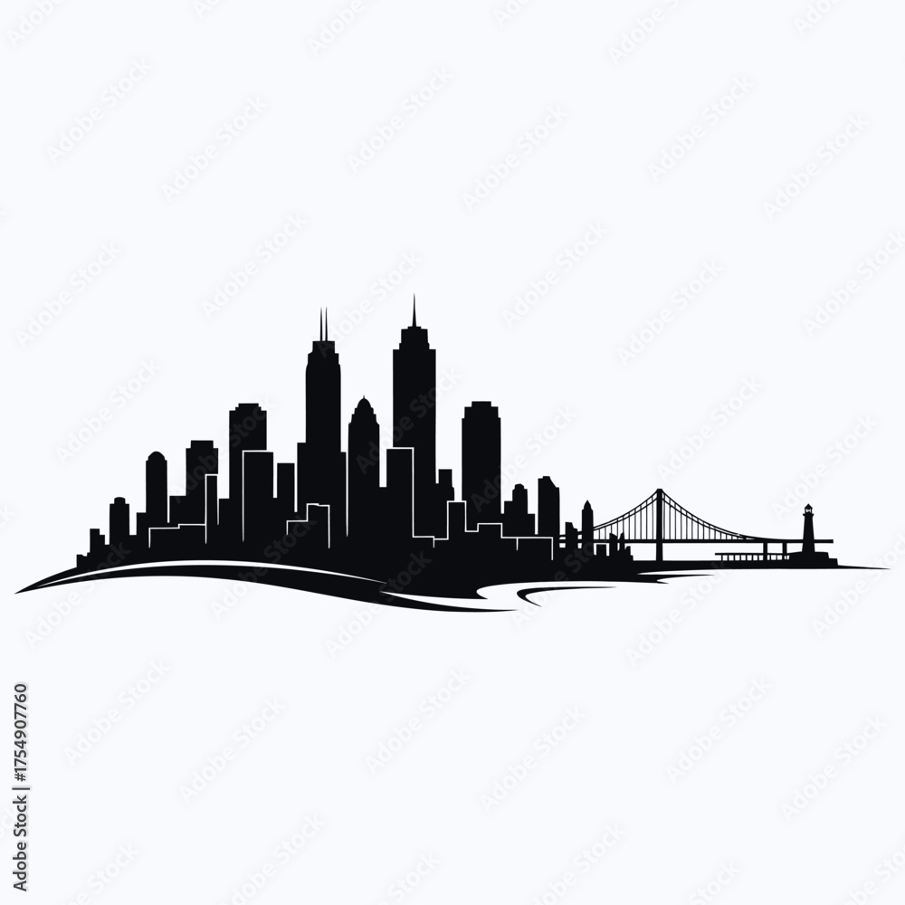 Naklejka premium Dramatic cityscape featuring a bridge and skyline a striking silhouette