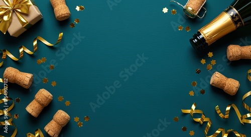 festive champagne celebration flat lay with golden ribbons and corks on green background