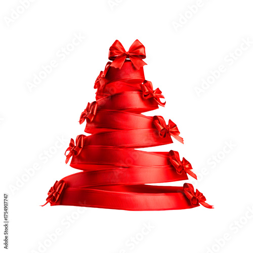Elegant red christmas tree shape made of satin ribbon and bows isolated on transparent background