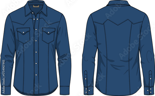 Front and back view detailed denim shirt vector illustration with western style stitching, chest pockets, button down design, fashion garment template