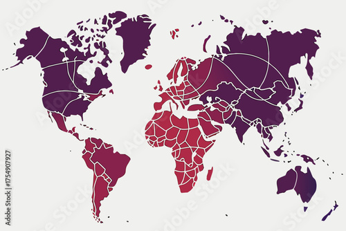 Modern world map in vector format, vibrant gradient dots outlining continents, minimalist background, sleek high-resolution stock image design.