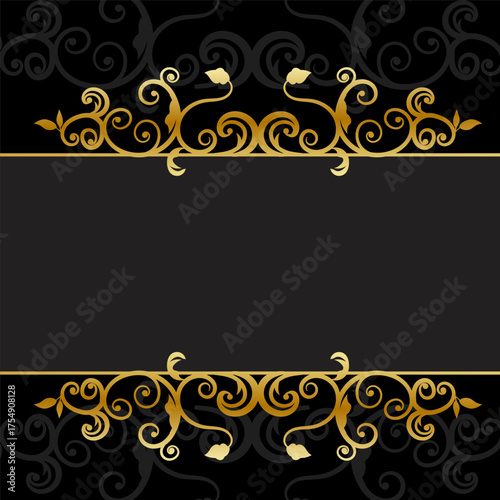 Elegant Black Gold Scrollwork Background  Classic Damask Banner Design