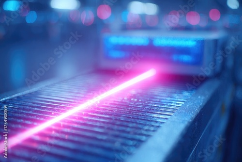 Bright pink laser beam cutting through metallic surface, showcasing high-tech ambiance