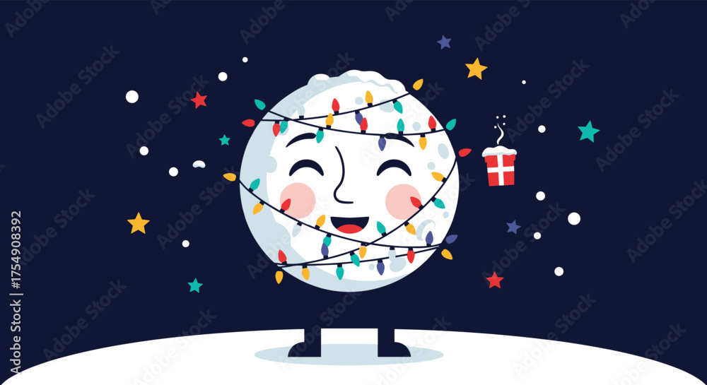 Naklejka premium A cheerful moon is decorated with festive holiday lights on a starry night.