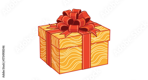 A festive golden gift box wrapped with a bright red ribbon and a large bow is ready to be opened.