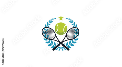 A vintage emblem featuring crossed tennis rackets and a tennis ball encircled by a laurel wreath with a star above.