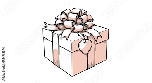 A beautifully wrapped gift box with a large bow and a heart-shaped tag on it.