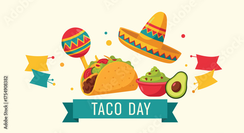 Happy taco day celebration with festive decorations and food.