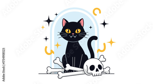A mystical black cat sits proudly amidst occult symbols and bones.