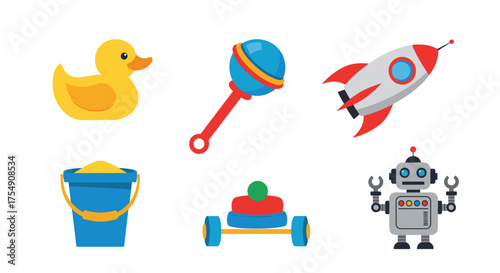 A collection of colorful and fun toys for children and babies including a rubber duck a rattle a toy rocket a sand bucket a wheeled toy and a robot.