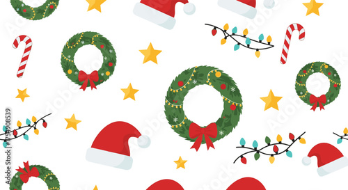 A festive pattern of christmas decorations including santa hats and wreaths.