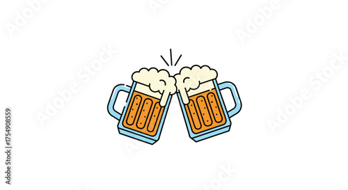 Two frothy beer mugs clinking together in a celebratory toast under white background.