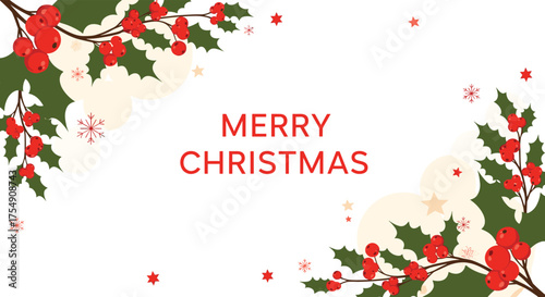 A festive greeting with holly berries and snowflakes wishing merry christmas.