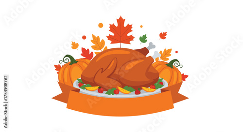 Delicious roasted turkey centerpiece surrounded by autumn leaves and pumpkins for a festive harvest meal.
