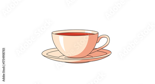 A delicate ceramic teacup filled with warm amber liquid rests on a matching saucer.