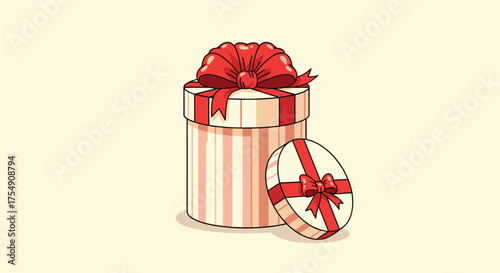 A charming striped gift box with a large red bow sits open.