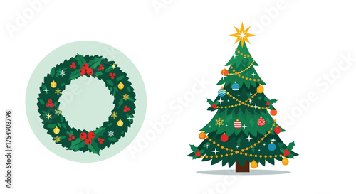 Decorated evergreen wreath and a festive christmas tree with ornaments and lights.