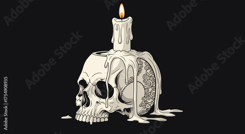 A melting candle drips wax over a human skull on a dark background.