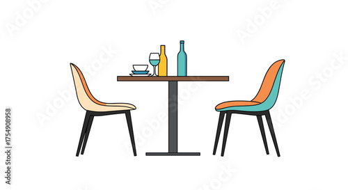 A cozy outdoor cafe setting with two chairs and a table featuring drinks and a small dish.