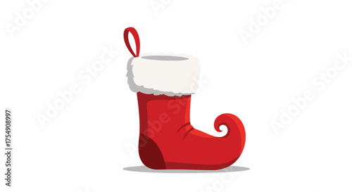 A festive red elf stocking with a fluffy white trim hangs ready for holiday surprises.