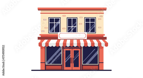 A charming two-story storefront with a large display window and striped awning welcomes customers inside.