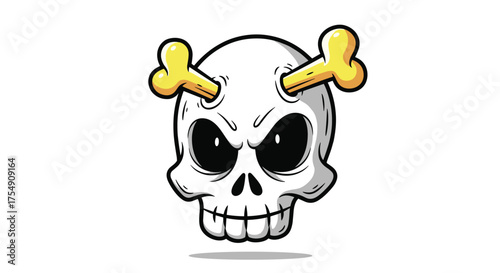 A cartoon skull with angry eyes and bones piercing through its sockets.
