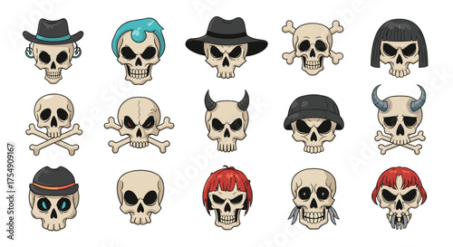 A collection of skulls and crossbones illustrations in various styles and headwear.