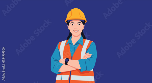 Confident female construction worker with arms crossed wearing a hard hat and vest.