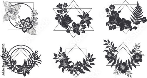 Black floral geometric vector design, symmetrical botanical artwork with triangle, diamond, circle frames, featuring leaves, flowers, and decorative nature elements