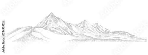 Abstract dotted mountain range with overlayed pointillist grunge texture, vintage photocopy style snowy hills landscape, retro halftone vector illustration with grainy noise effect