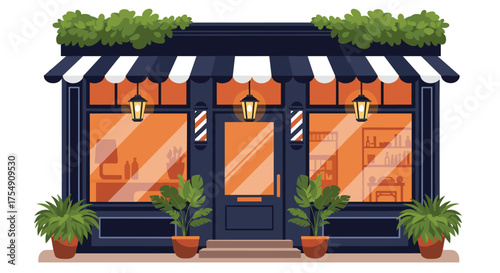 A classic barber shop with large windows and awnings.