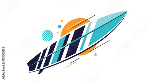 Abstract surfboard design with geometric shapes and dynamic lines creating a sense of motion.
